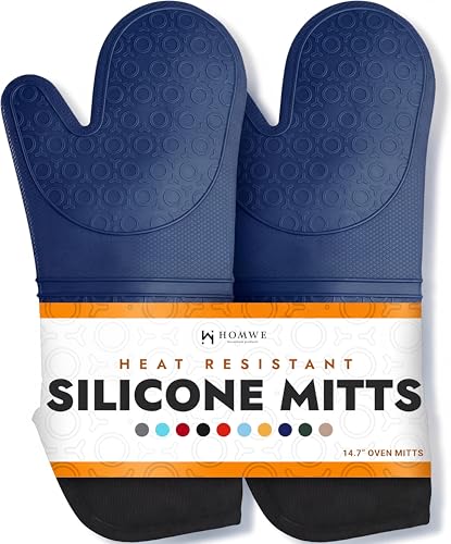 BPA-Free Soft Silicone Oven Mitts - Ultra Heat Resistant Oven Mitts with Thick Cotton Liner - Extra Long Slip Resistant Pot Holders, Flexible Oven Gloves - Navy 14.7" - color: Navy Blue, size: 2-Piece 14.7" Oven Mitts