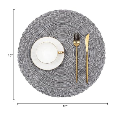 SHACOS Round Placemats Set of 6 Woven Round Table Mats 15 inch Braided Border Washable Cotton Polyester Circle Place Mats, Gray - color: Gray, size: 6 pieces