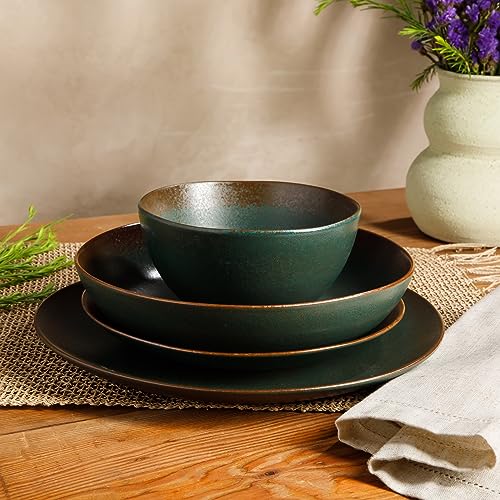 Two Time Oprah's Favorite Things Winner - Palermo Sun Double Bowl Stoneware Reactive Glaze Plates and Bowls Dinnerware Set - Agave Blue, Service for Four (16pcs) - color: Agave Blue