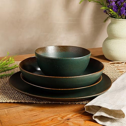 Two Time Oprah's Favorite Things Winner - Palermo Sun Double Bowl Stoneware Reactive Glaze Plates and Bowls Dinnerware Set - Agave Blue, Service for Four (16pcs) - color: Agave Blue