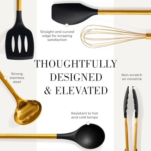 Styled Settings Black and Gold Kitchen Utensils Set with Holder, 7-Piece | Nonstick BPA-Free Silicone Cooking Utensils Set with Gold Utensil Holder, Luxury Kitchen Accessories - color: 7 Piece Black & Gold