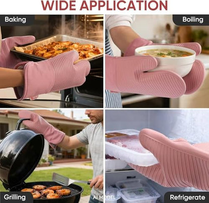 YUTAT Silicone Oven Mitts,High Heat Resistant Up to 500 Degrees,Waterproof Cooking Gloves with Soft Polyester Filling,Kitchen Potholder Set - Perfect for BBQ,Baking and Cooking,Pink,2 Pcs Set - color: Pink-striped Surface, size: 13“L x 7"W-2 Piece