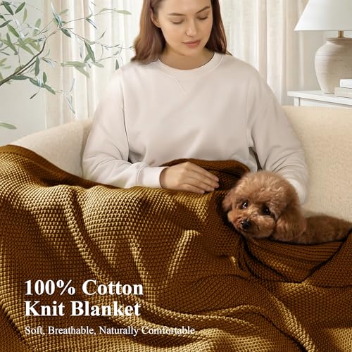 100% Cotton Cable Knit Throw Blanket, Lightweight Soft Knit Blanket for Sofa Couch Bed, Breathable All-Season Throw, Cozy Decorative Blanket, 50 x 60 Inch,Mustard - color: Mustard, size: Throw(50" X 60")