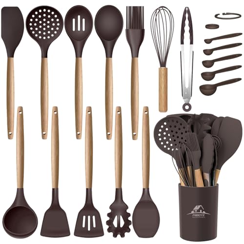 MIBOTE Silicone Cooking Kitchen Utensils Set, Wooden Handle, Coffee | BPA-Free, Non-Toxic Silicone Turner, Tongs, Spatula, Spoon Set – Great for Nonstick Cookware, Heat-Resistant, Easy Clean - color: Coffee