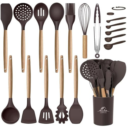 MIBOTE Silicone Cooking Kitchen Utensils Set, Wooden Handle, Coffee | BPA-Free, Non-Toxic Silicone Turner, Tongs, Spatula, Spoon Set – Great for Nonstick Cookware, Heat-Resistant, Easy Clean - color: Coffee