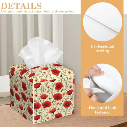 Leather Tissue Box Holder Retro Poppy Flowers Tissue Box Cover Square Waterproof Holder Organizer Modern Napkin Holder for Bedroom Dresser Night Stand Office Desk - color: Retro Poppy Flowers