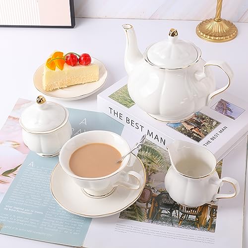 CHENP.HMC Tea Set 22-Piece Porcelain Ceramic Coffee Tea Gift Sets Cups Saucer Service for 6 Teapot Sugar Bowl Creamer Pitcher and Teaspoons (White) - color: White