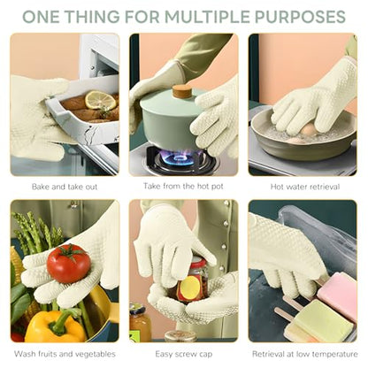 1 Pair Oven Mitts, Heat Resistant Protective Oven Gloves, Cotton Lined Silicone Kitchen Mitts Pair, Nonslip Silicone Cooking Gloves with Fingers (White) - color: White