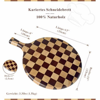 Checkered Pizza Cutting Board with Handle | 17" x 13" x 1" Thick | Acacia & Rubber Wood | Cheese & Charcuterie Serving Board | Bread, Meat & Pizza - color: Checkered Round