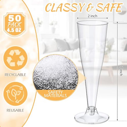 Zopeal 100 Pcs Plastic Champagne Flute Glasses and Bow Set 4.5 oz Gold Glitter Wedding Toasting Goblet 50 Pcs 3.5" Bow Reusable Unbreakable Stemware for Valentine Birthday Party - color: Black, style: Classic