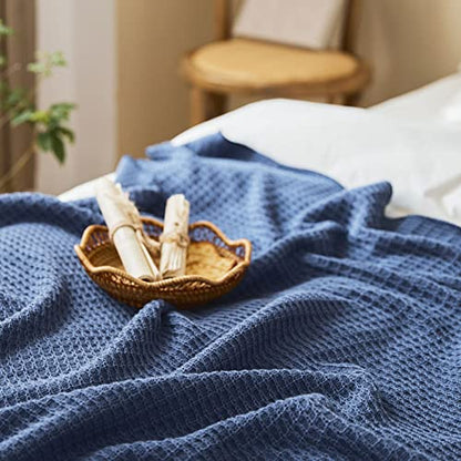 Cotton Waffle Weave Throw Blanket Soft Cozy Waffle Knitted Bed Throws for All Season, Lightweight Reversible Throw Blankets for Sofa Couch Bed (Blue,63"x51") - color: Blue
