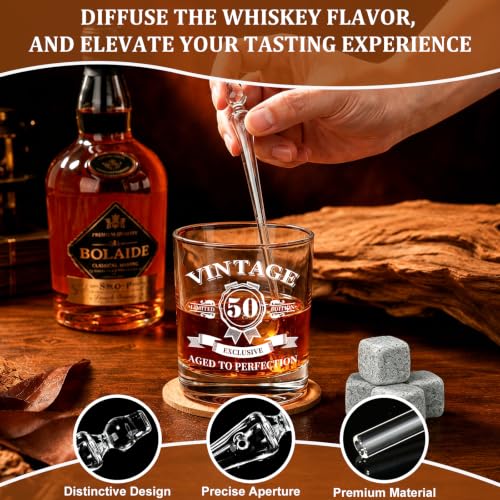 50th Birthday Gifts for Men Whiskey Glass Set, Vintage 1976 Wood Gift Box | Whiskey Stones Coaster, Glass Pipette & Tongs, Aged to Perfection 50 Year Old Bday Gifts Ideas for Him Dad Husband Friends - style: 50th Mens Gifts