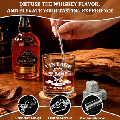 50th Birthday Gifts for Men Whiskey Glass Set, Vintage 1976 Wood Gift Box | Whiskey Stones Coaster, Glass Pipette & Tongs, Aged to Perfection 50 Year Old Bday Gifts Ideas for Him Dad Husband Friends - style: 50th Mens Gifts