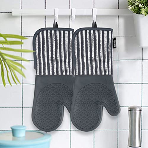 Alselo Silicone Oven Mitts Heat Resistant 932℉ with Waterproof & Non-Slip | Kitchen Mittens Set of 2,Extra Long 7.5"x15" Oven Gloves with Soft Cotton Terry Lining for Baking Cooking BBQ(Grey,2) - color: Gray