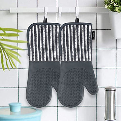 Alselo Silicone Oven Mitts Heat Resistant 932℉ with Waterproof & Non-Slip | Kitchen Mittens Set of 2,Extra Long 7.5"x15" Oven Gloves with Soft Cotton Terry Lining for Baking Cooking BBQ(Grey,2) - color: Gray