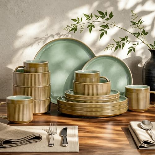 Kitchen Academy 16Pcs Fluted Stoneware Dinnerware Sets for 4, Non Toxic Ceramic Plates and Bowls, Oven & Microwave & Dishwasher Safe, Green - color: Green, size: Service for 4-16Pcs