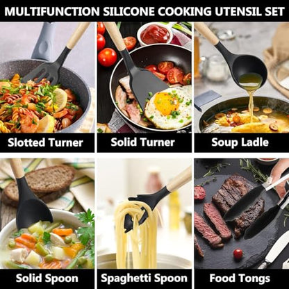 Caboh Silicone Kitchen Utensil Set 12 PCS – Heat Resistant Cooking Tools with Spatula, Serving Spoon, Tongs, Whisk & Holder, Nonstick Safe BPA-Free Kitchen Accessories Set (Black) - color: Black