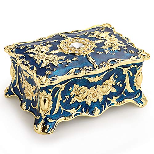 Hipiw Vintage Jewelry Organizer Box Metal Trinket Storage Box, Blue Medium | Ornate Keepsake Gift Box Case for Women, Treasure Chest Case Decorative Jewelry Box, 4.9"x3.4"x2.7" - color: Blue, size: Medium