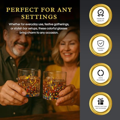 Large Confetti DOF Glasses – Set of 2-11oz Luxury Hand Blown Confetti Whiskey, Margarita, Martini, Cocktails, Water, Wine, Dessert & Champagne Glasses Cinco de Mayo, Hand Blown - Mexican Water Glass - style: Mexican Confetti Water Glass