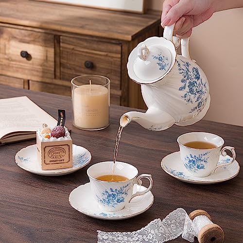 Agyiuns tea cups and saucers ceramic coffee mug 6oz for Coffee, Latte, Cafe Mocha and Tea-Set of 4,Blue - color: White with blue flowers