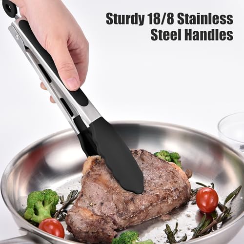 Doosu 9in Kitchen Tong for Cooking - 600°F Heat Resistant Food Tong with Non-Scratch Silicone Tips & 4-Piece Silicone Spatula Set Kitchen BPA Free Food Grade Baking Supplies Cooking Tools (Black)