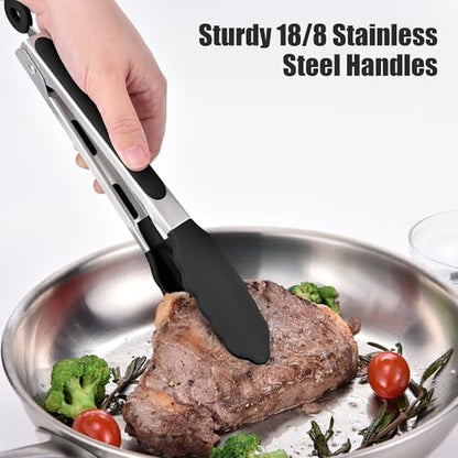 Doosu 9in Kitchen Tong for Cooking - 600°F Heat Resistant Food Tong with Non-Scratch Silicone Tips & 4-Piece Silicone Spatula Set Kitchen BPA Free Food Grade Baking Supplies Cooking Tools (Black)
