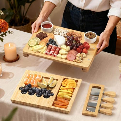 Bamboo Charcuterie Board Set with 4 Cheese Knives, Serving Platter | 1 Drawers, 4 stainless steel cheese knives, serving platter. Perfect for parties, weddings, entertaining, housewarming gift. - size: 18" x 13" x 1.3"