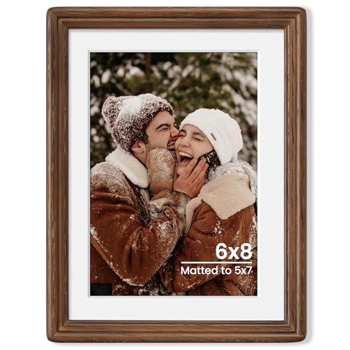 6x8 Natural Solid Oak Wood Picture Frame with 5x7 Mat, Premium Rustic Wooden Photo Frames with Plexiglass, Poster Photo Frame Suitable for Gallery Wall Mount or Tabletop Display, Walnut - color: Walnut, size: 6x8-1P