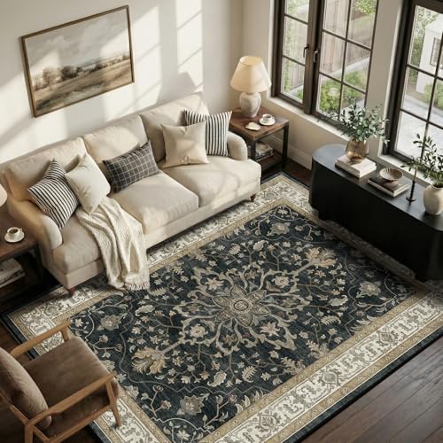 RELEANY Washable Vacuum-Friendly Area Rugs 6'x9' Black/Vintage | Low Pile Stain-Resistant, Soft Non-Slip, Floral Vintage Distress Print Pattern Medallion, for Living Room Bedroom Hallway - color: Black/Vintage, size: 6' x 9' (Rectangular)