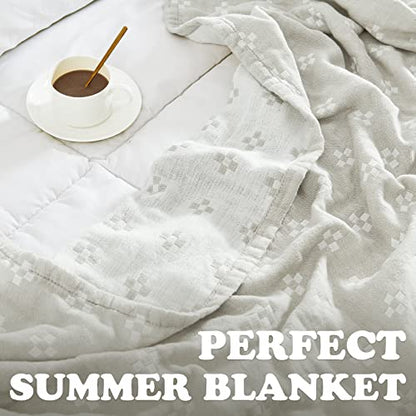 jinchan 100% Cotton Muslin Blanket Twin Boho Throw Blanket 50x60 Oatmeal | 3-Layer, Geometric Cross Quilt, Cooling Breathable Lightweight, for Adult, Soft, Reversible, Summer, Couch, Sofa, Bedroom - color: B. Cross Grey, size: 50"x60"
