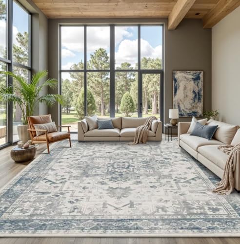 9x12 Extra Large Area Rug,Neutral Vintage Boho Rug for Living Room | Machine Washable,Soft,Non-Slip,Large Rug,Stain Resistant Low Pile Carpet for Office Dining Room Kitchen Home Deco - color: Blue & Grey, size: 9' x 12' (Rectangular)