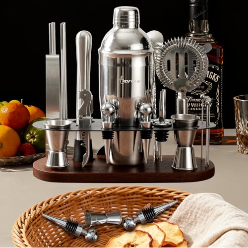 23-Piece Cocktail Shaker Set with Stand, 304 SS, Bartender Kit Gift | Complete Home Bar Set: Leak-proof Shaker, Jigger, Muddler, 18/8 Steel, Gift for beginners, cocktail lovers & house parties - color: chocolate-y
