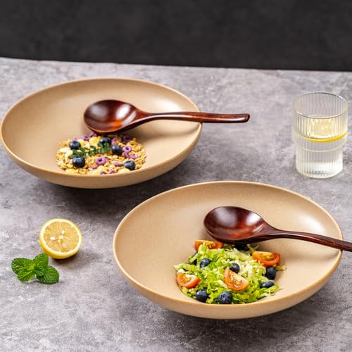 Ceramic Serving Bowls with Wooden Spoons Set of 2, Large Serving Bowl for Dinner Salad Soup Pasta Dessert Fish Fruit Chicken Bread, Oven Dishwasher Safe, 50oz Bowl for Entertaining, 9.75" - color: Yellow