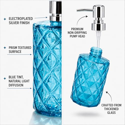 LGURT Prism Clear Blue Glass Soap Dispenser, Stainless Steel Pump | 12 oz, kitchen bathroom countertops, non-drip pump, modern gift-ready decor - color: Clear Blue