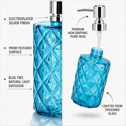 LGURT Prism Clear Blue Glass Soap Dispenser, Stainless Steel Pump | 12 oz, kitchen bathroom countertops, non-drip pump, modern gift-ready decor - color: Clear Blue