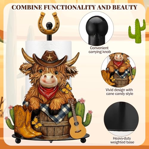 Western Cowboy Highland Cow Paper Towel Holder Cowboy Kitchen Bathroom Decor Farmhouse Metal Highland Cow Western Towel Holder Stand with Round Base for Home Countertop Toilet Accessories - style: Cowboy
