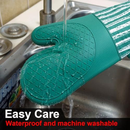 Alselo Silicone Oven Mitts Heat Resistant 932℉ with Waterproof & Non-Slip | Kitchen Mittens Set of 2,Extra Long 7.5"x15" Gloves with Soft Cotton Terry Lining for Baking Cooking BBQ (Emerald Green,2) - color: Emerald Green