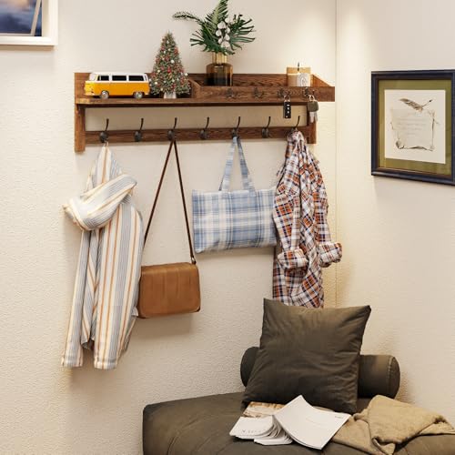 AMBIRD Coat Rack Wall Mount, 35 inch Large Wall Hooks with Shelf, Entryway Shelf with 7 Dual Coat Hooks 4 Key Hooks Mail Organizer, Wooden Coat Hanger and Key Holder Wall Mount - color: Brown, size: 35" L