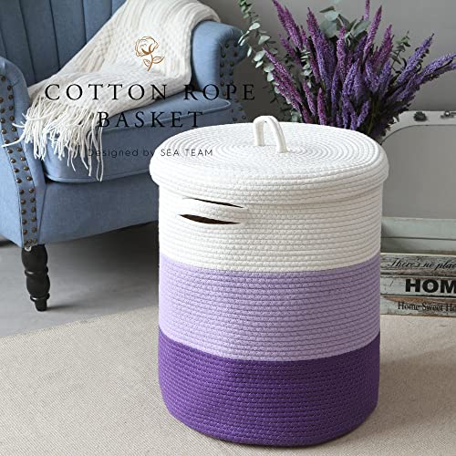 Sea Team Large Woven Cotton Rope Laundry Basket with Lid, 20 x 16 in | Collapsible Knitted Hamper with Handles, Lidded Closet Shelf Organizers for Clothing, Blankets, Toys, Bedding, Lavender - color: White & Lavender