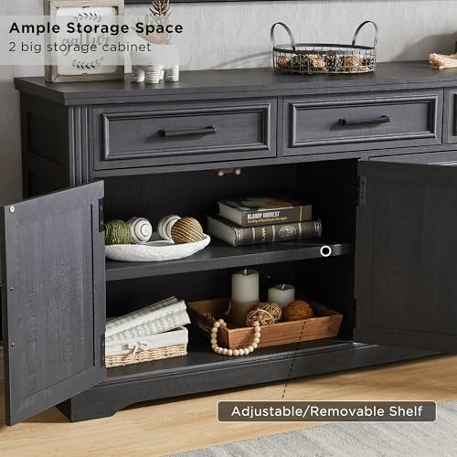 66" Farmhouse Buffet Cabinet with Storage, Sideboard Credenza, Carved Cloud-Inspired Doors, 3 Drawers & Adjustable Shelves, Coffee Bar Cabinet, Black - color: Black