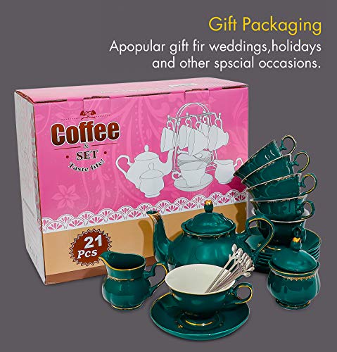 CHENP.HMC Tea Set 22-Piece Porcelain Ceramic Coffee Tea Sets Cups Saucer Service for 6 Teapot Sugar Bowl Creamer Pitcher and Teaspoons Porcelain Tea Set (Dark Green) - color: Dark Green