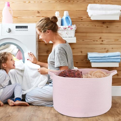 XUANGUO Extra Large Cotton Rope Round Storage Basket 22" x 14" Pink | Woven basket for blankets, toys, towels, laundry, nursery, living room and pet toy storage. - color: pink