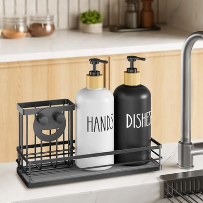 Moforoco Kitchen Dish Soap Dispenser Set, 16OZ Glass Bottle, Hand and Dish Soap Dispenser Set, Instant Dry Tray, Brush Holder with Smiley Face Sponge Holder (Black Tray+Black&White Bottle) - color: Black Tray+black&white Bottle