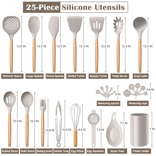 E-far Silicone Kitchen Utensils Set with Holder, 25-Piece Cooking Utensil Set with Wooden Handle for Nonstick Cookware, 446°F Heat Resistant Kitchen Tool Spatula Tong Whisk, Non-toxic & Healthy, Khaki - color: Khaki, size: 25