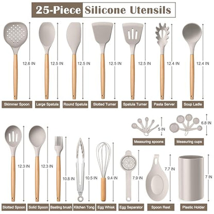 E-far Silicone Kitchen Utensils Set with Holder, 25-Piece Cooking Utensil Set with Wooden Handle for Nonstick Cookware, 446°F Heat Resistant Kitchen Tool Spatula Tong Whisk, Non-toxic & Healthy, Khaki - color: Khaki, size: 25