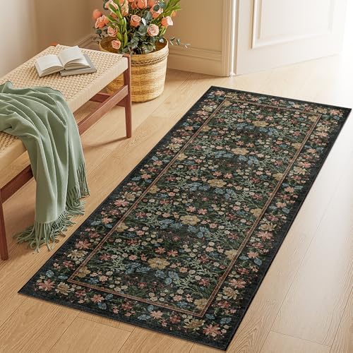 DUKINO 2x5 Rug Runner, Washable Vintage Floral Bathroom Rugs, Black | Non Slip, Low Pile, Stain Resistant, Lightweight Soft Carpet Runner for Laundry Room Kitchen Hallway Bedroom, Non-Shedding - color: Black, size: 2' x 5' (Rectangular)