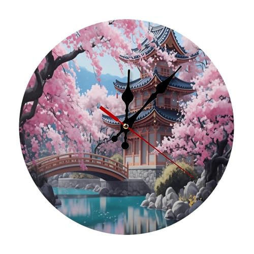 Japanese House & Cherry Blossom Minimalist Silent Wall Clock 11.8x11.8 inches, Modern Round Wooden Clock Without Numbers for Bedroom Living Room Office Home Decor - color: Japanese House & Cherry Blossom, size: 11.8x11.8 inches