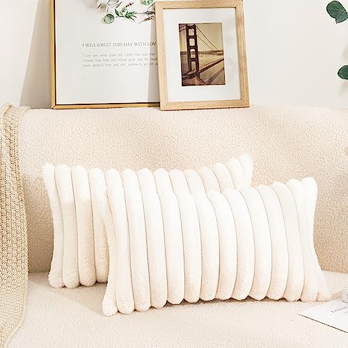 Uhomy 2 Pack Faux Fur Plush Decorative Throw Pillow Covers Fuzzy Striped Soft Pillowcase Cushion Covers for Living Room Sofa Couch Bedroom, 12x20 inch 30x50 Cm True White - color: White, size: 20" x 12" (Pack of 2)
