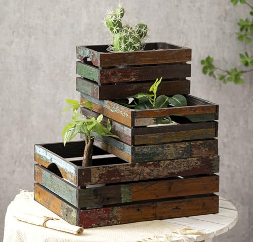 TIMRIS Set of 3 Rustic Distressed Wood Nesting Crates, Farmhouse Decorative Wooden Storage Boxes, Large Vintage Reclaimed Wood Baskets for Display (Random) - color: Random