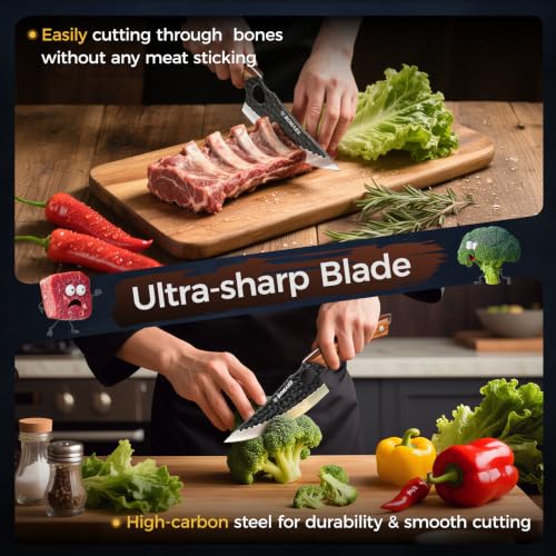 5PCS Butcher Knife Set, Hand Forged Kitchen Chef Knife Set Gift | Meat Cleaver Knife Viking Boning Knife for Home, Outdoor Camping, BBQ, High Carbon Steel Japanese Knives, Gift for Men Father - size: 6.8"